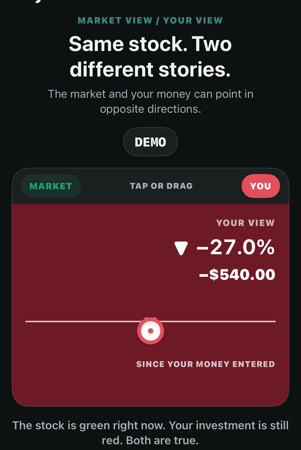 The current iPhone tutorial showing the fictional DEMO investment down 27 percent in You view.